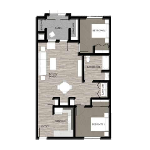 Floor plan for 2 beds, 1 bath, 829 sqft